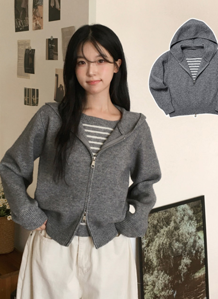 ダブルジップ レイヤードフーディー レイヤード風ダブルジップフードカラーボーダージップパーカー